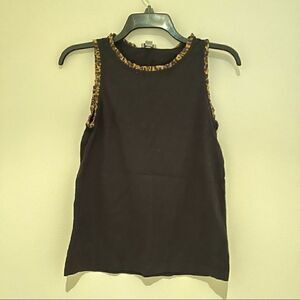 J. Crew sleeveless black blouse with leopard print ruffle trim